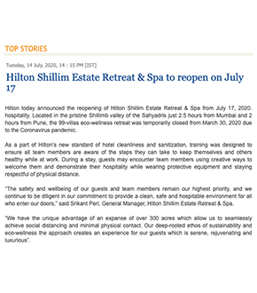 Hilton Shillim Estate Retreat & Spa to reopen on 17th July 2020