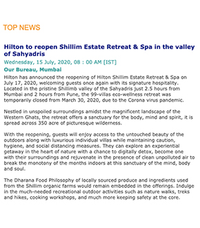 Hilton Shillim Estate Retreat & Spa to reopen on 17th July 2020